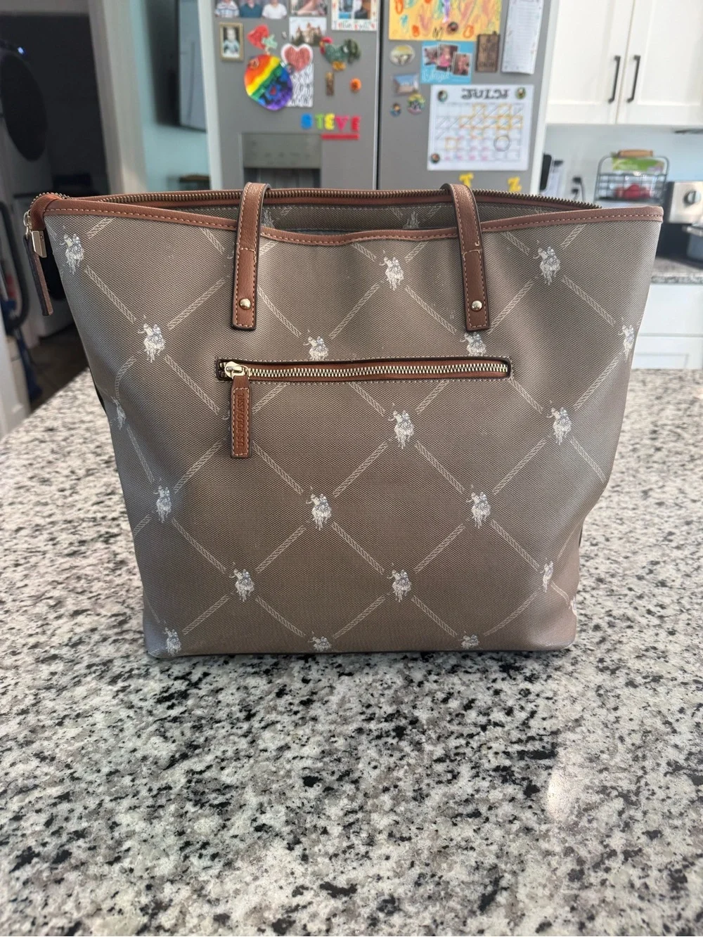 U.S. Polo Assn. Taupe Tote with White, Red and Navy Center Stripe
